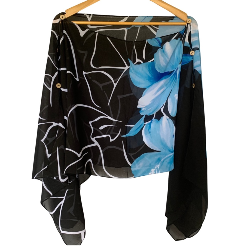 BABA HAWAII Women Blue Floral and Sheer Black Top Cover Up - Picture 2 of 9